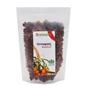 Sea buckthorn fruits dried in a transparent divinum doy-pack,