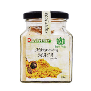 Maca powder in a square jar of the company divinum, weighs 120gr.