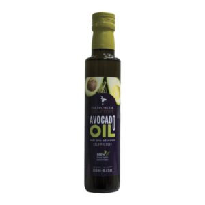 Avocado oil Cretan nectar edible in glass bottle with purple label