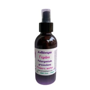 Flower water geranium geranium root in a bottle of brown color with white label 150ml