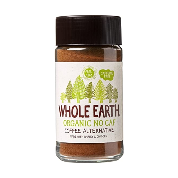 Whole Earth organic barley and radish substitute coffee decaffeinated in a transparent glass cylindrical jar with a white label depicting trees in a design