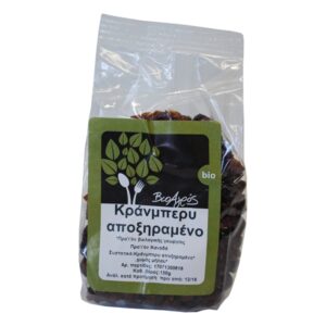 Organic sugar-free cranberries dried in a transparent package with a bio-field label