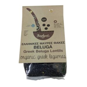 Organic black beluga lentils in a transparent package with a large paper label