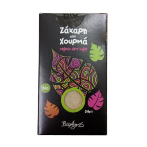 Ζάχαρη από χουρμά βιολογικό 200gr σε χάρτινο ορθογώνιο κουτί μαύρου χρώματος με πράσινα, ροζ και μωβ σχέδια