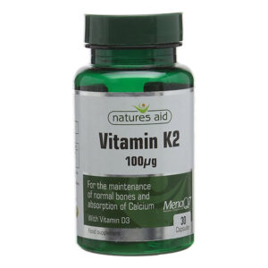 Vitamin K2 100μg by Natures Aid with vitamin D3 in a green vial 10cm