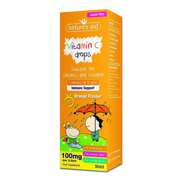 Η βιταμίνη C mini drops για παιδιά και βρέφη της natures aidστο κουτί της με ποστοκαλί χρώμα