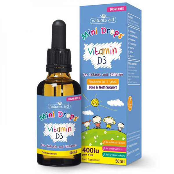 Vitamin D3 for children and babies 400iu 50ml in a bottle with a dispenser with a blue label next to the box with also a blue color