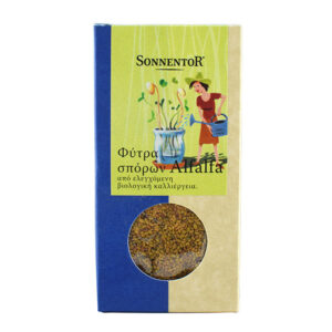 Alflalfa seed sprouts from organic cultivation Sonnentor 120g in a paper package containing the seeds in a transparent bag