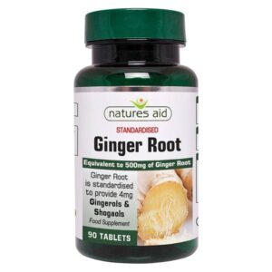Ginger root in Natures Aid Standardized tablets in a small green bottle