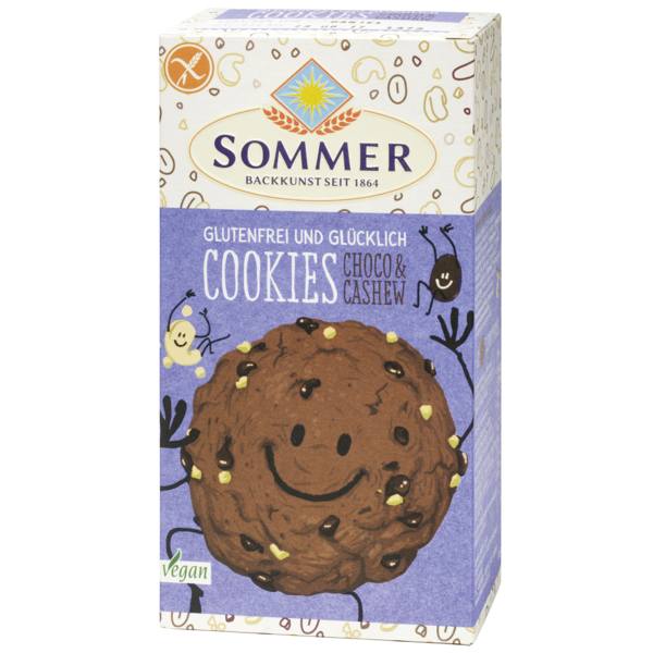Μπισκότα vegan με σοκολάτα και κάσιους Sommer 125gr σε χάρτινη συσκευασία μπλέ χρώματος στην οποία εικονίζεται γελαστό μπισκότο