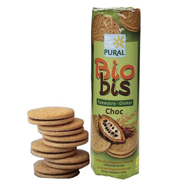 Μπισκότα vegan με γέμιση σοκολάτας & αλεύρι ντίγκελ βιολογικά Biobis Choc Pural 300gr σε πράσινη συσκευασία με 5 μπισκόντα αφημένα δίπλα