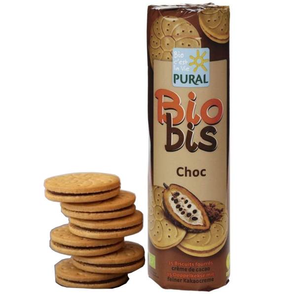 Μπισκότα vegan με γέμιση σοκολάτας βιολογικά Biobis Choc Pural 300gr στην φωτογραφία φαίνονται και τα μπισκότα δίπλα