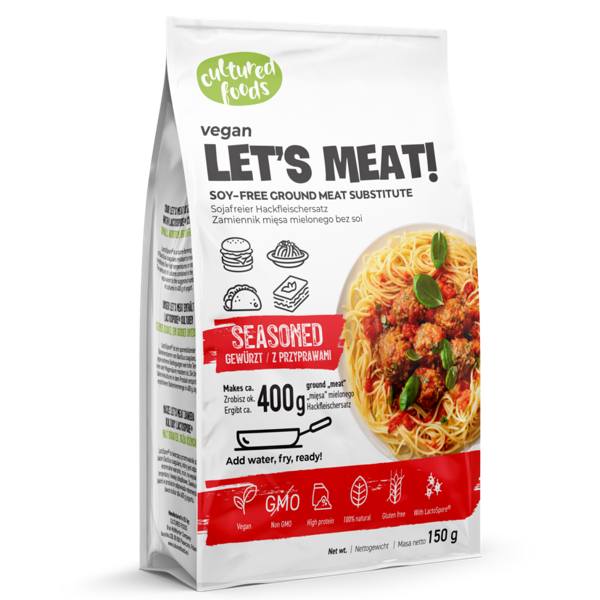 Υποκατάστατο κιμά Let’s Meat με καρυκεύματα Cultured Foods 150gr σε λευκή κόκκινη συσκευασία