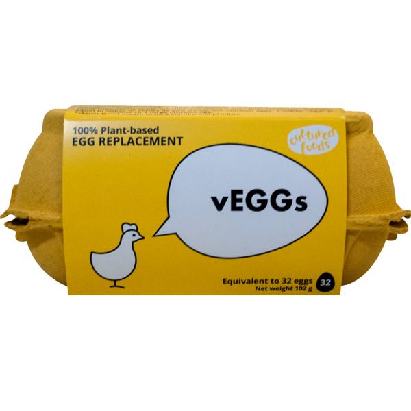 Υποκατάστατο αυγού vEGGs της cultured foods 102gr σε χάρτινη συσκευασία κίτρινου χρώματος