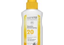 Αντηλιακό βιολογικό με δείκτη προστασίας SPF20 της Lavera σε λευκό μπουκαλάκι με κίτρινο καπάκι