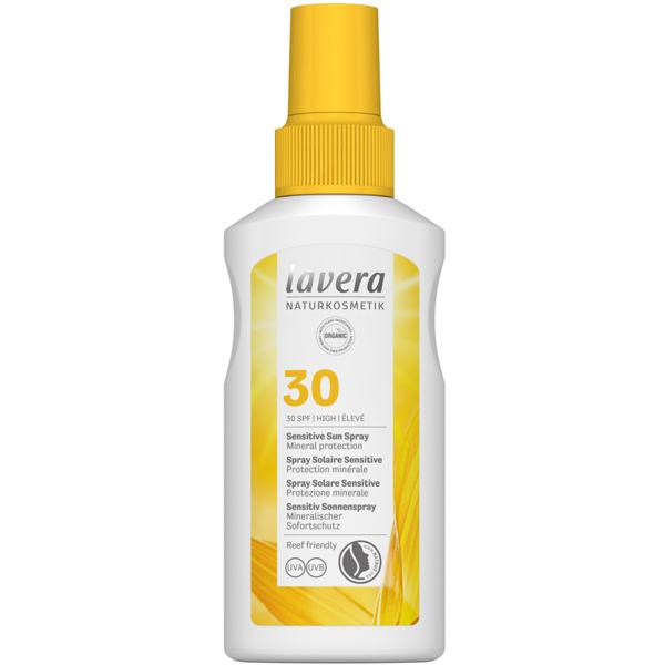 Αντηλιακό βιολογικό με δείκτη προστασίας SPF30 της Lavera σε λευκό μπουκαλάκι με κίτρινο καπάκι