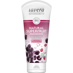 Natural Superfruit organic shower gel with acai & goji berry Lavera 200ml in white tube with pink label