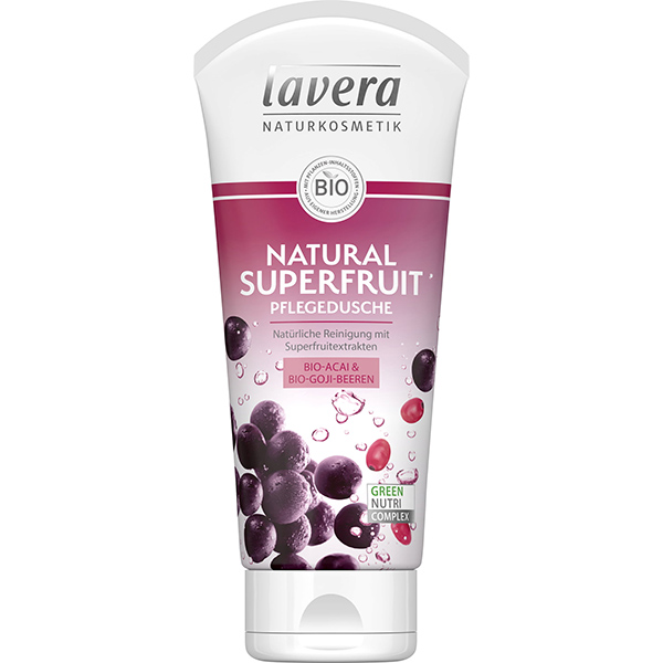 Αφρόλουτρο Natural Superfruit βιολογικό με ακάι & γκότζι μπέρι Lavera 200ml σε λευκό σωληνάριο με ροζ ετικέτα