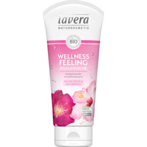 Wellness Feeling organic shower gel with wild rose & hibiscus Lavera 200ml in white tube with pink label
