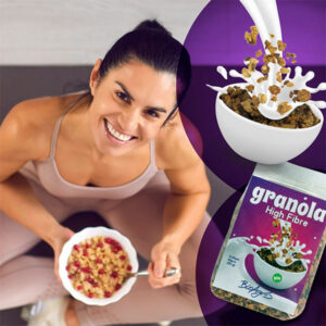 Organic high fiber granola Bioagros 250gr with purple label on the bowl