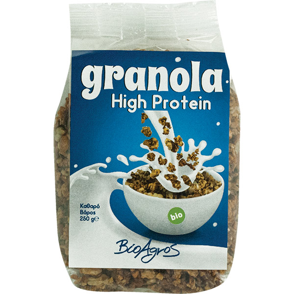 Organic high protein granola Bioagros 250gr with blue label