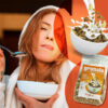Organic granola with dried tropical fruits Bioagros 350gr with orange label on the bowl