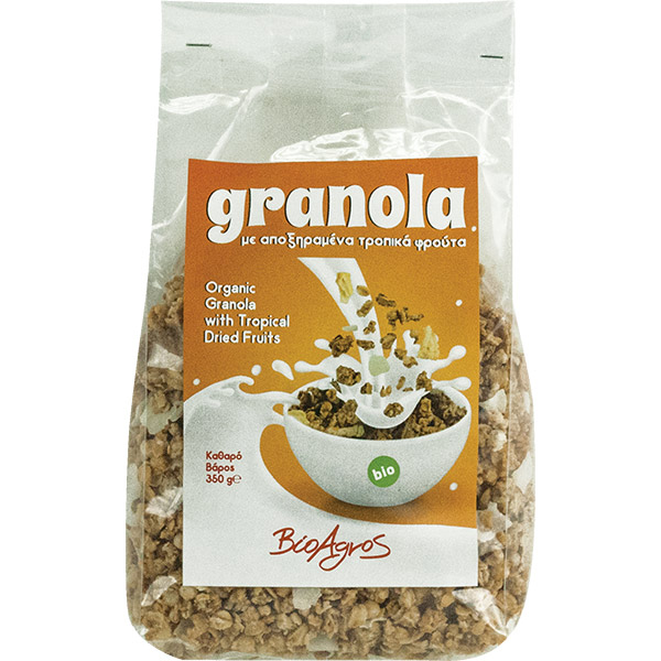 Organic granola with dried tropical fruits Bioagros 350gr with orange label