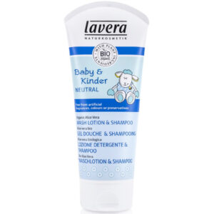 Organic baby shampoo & shower gel with night flower & aloe Lavera 200ml in white tube with blue label