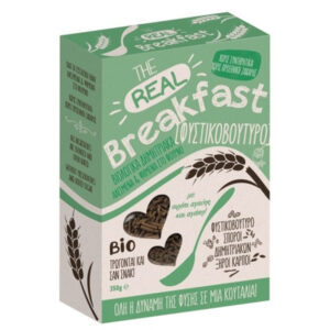 Δημητριακά με φυστικοβούτυρο βιολογικά Real Breakfast Βιοαγρός 350gr στο κουτί του πράσινου χρώματος
