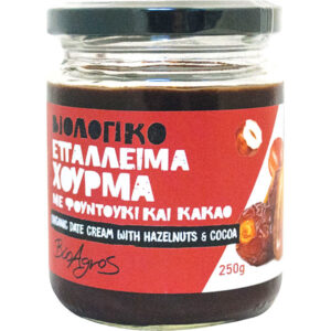 Date coating with hazelnut & cocoa organic Bioagros 250gr in a glass jar with red label