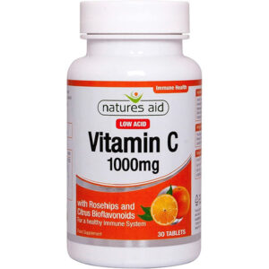 Vitamin C 1000mg low acid Natures Aid 30 tablets in white bottle with orange label