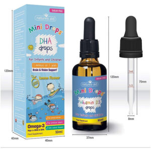 DHA (Omega-3 fats) for babies & children (3 months - 5 years) mini drops Natures Aid 50ml the size of the vial and the package
