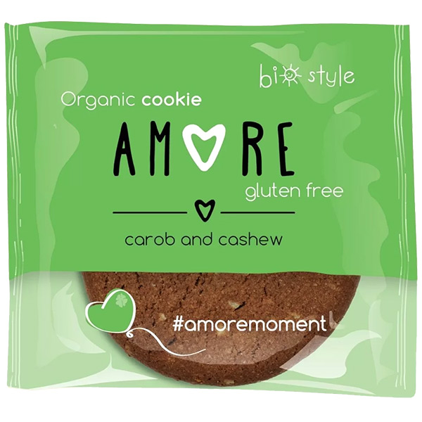 Μπισκότο με χαρούπι & κάσιους βιο vegan χ/γλ Amore 38gr σε πράσινο σακουλάκι