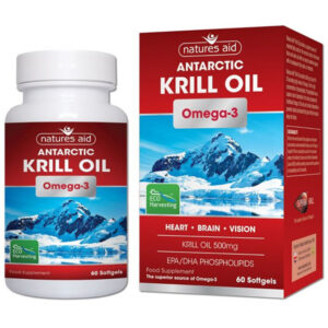 Krill oil ωμέγα 3 λιπαρά 500mg (450mg Phospholipids) Natures Aid 60 Softgels κόκκινο μπουκαλάκι και συσκευασία