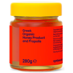 Μέλι με πρόπολη βιολογικό Symbeeosis 280gr με κόκκινη ετικέτα και κίτρινο καπάκι