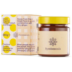 Μέλι με τζίντζερ βιολογικό Symbeeosis 280gr δίπλα στη συσκευασία του