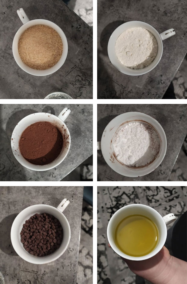 Τα υλικά της συνταγής. Πάνω καστανή ζάχαρη και αλεύρι, στη μέση κακάο και ζάχαρη άχνη, κάτω σταγόνες σοκολάτας και λάδι