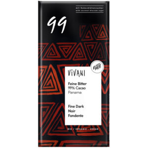 Σοκολάτα μαύρη 99% κακάο βιο Vivani 80gr σε μαύρο περιτύλιγμα με κόκκινα σχέδια