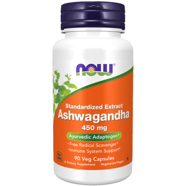 Ασβαγκάντα εκχύλισμα Ashwagandha Extract 450mg Now 90 φυτικές κάψουλες για αποτοξίνωση σε λευκό μπουκαλάκι με πορτοκαλί ετικέτα