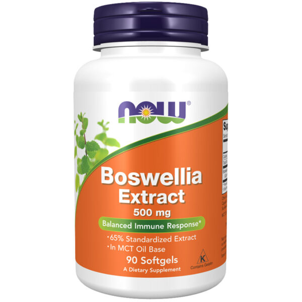 Μποσβέλια (λιβάνι) εκχύλισμα Boswellia extract 500mg Now 90 Softgels αντιφλεγμονώδης δράση σε λευκό μπουκαλάκι με πορτοκαλί ετικέτα