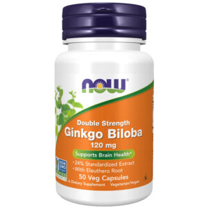 Ginkgo Biloba 120mg +Gotu Kola Now 50 Κάψουλες Vcaps για τον εγκέφαλο σε λευκό μπουκαλάκι με πορτοκαλί ετικέτα