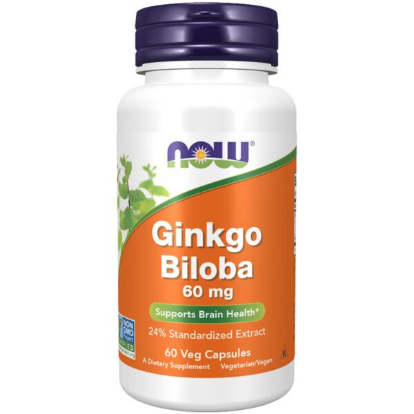 Ginkgo Biloba 60mg Now 60 Κάψουλες Vcaps για τον εγκέφαλο σε λευκό μπουκαλάκι με πορτοκαλί ετικέτα