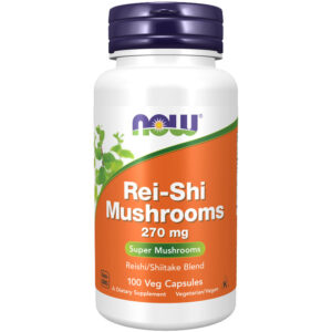 Γανόδερμα Μανιτάρι Rei-Shi Mushrooms 270mg Now 100 Κάψουλες για Ανοσοποιητικό σε λευκό μπουκαλάκι με πορτοκαλί ετικέτα