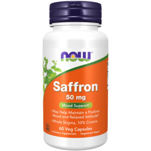 Σαφράν Saffron 50mg Now 60 Φυτικές Κάψουλες για τη Διάθεση σε λευκό μπουκαλάκι με πορτοκαλί ετικέτα