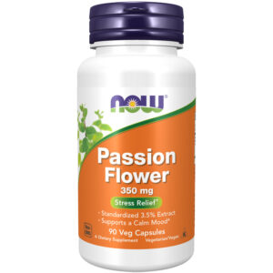 Πασσιφλόρα Εκχύλισμα Passion Flower Extract 350mg Now 90 Φυτικές Κάψουλες για Ηρεμία σε λευκό μπουκαλάκι με πορτοκαλί ετικέτα