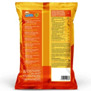 Κυματιστά πατατάκια με γεύση τυριού Anaviega 100gr vegan στο κίτρινο πορτοκαλί σακουλάκι τους, η πίσω όψη με τις διατροφικές πληροφορίες