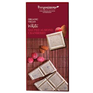Λευκή σοκολάτα με αλατισμένα αμύγδαλα και κράνμπερις vegan bio benjamissimo 70gr σε κόκκινη συσκευασία