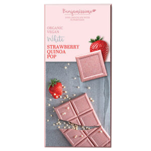 Λευκή σοκολάτα με φράουλες και τραγανούς κόκκους κινόα vegan bio benjamissimo 70gr σε ροζ συσκευασία