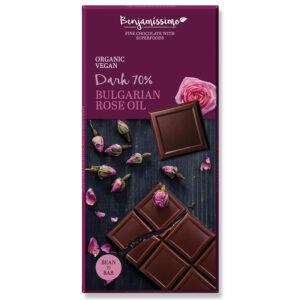 Μαύρη σοκολάτα 70% με έλαιο τριαντάφυλλου vegan bio benjamissimo 70gr σε βιολετί συσκευασία