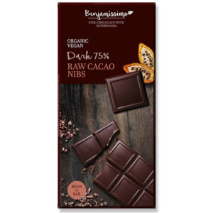 Μαύρη σοκολάτα 75% με κομματάκια κακάο nibs vegan bio benjamissimo 70gr σε καφέ συσκευασία